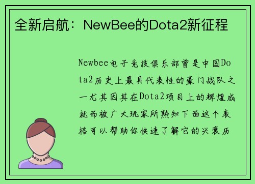 全新启航：NewBee的Dota2新征程